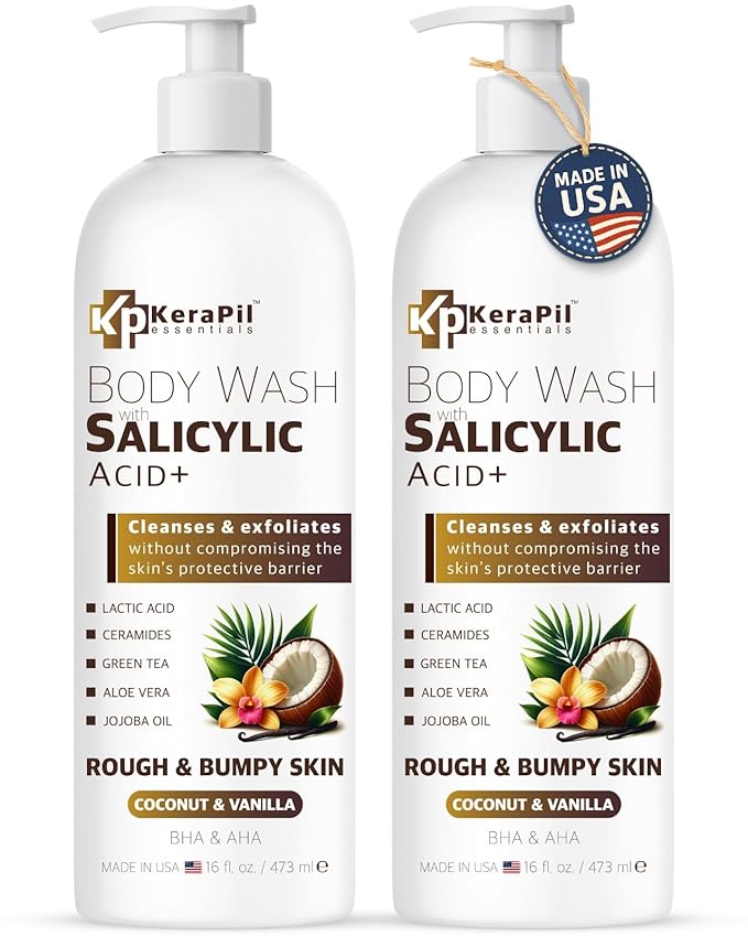 Exfoliating Body Wash with Salicylic Acid - No Dry Out, Gentle Exfoliates Rough and Bumpy Skin, Body Acne Wash, BHA & AHA - Coconut and Vanilla Salicylic Acid Body Wash - (16 fl oz x 2)