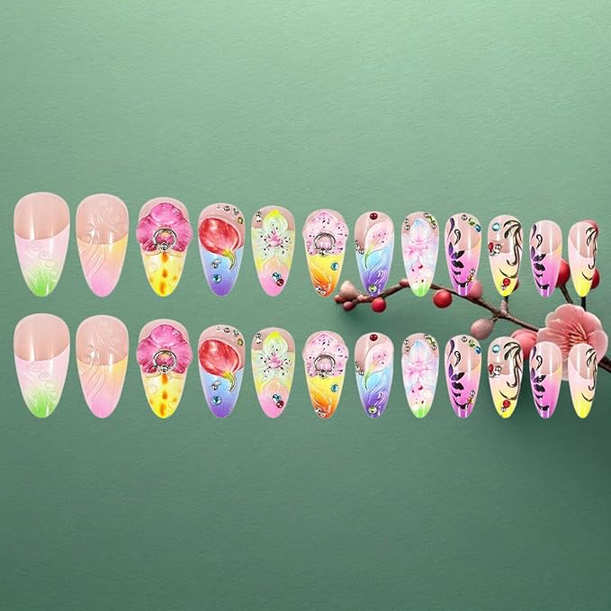 24Pcs 3D Flower Press ons Fingernails Glossy Colorful Medium Almond False Nail French Tips Gel Glue on Acrylic Fake Nails Rhinestones Stick on Nail Leaves Press on Nails for Holiday Manicure Art