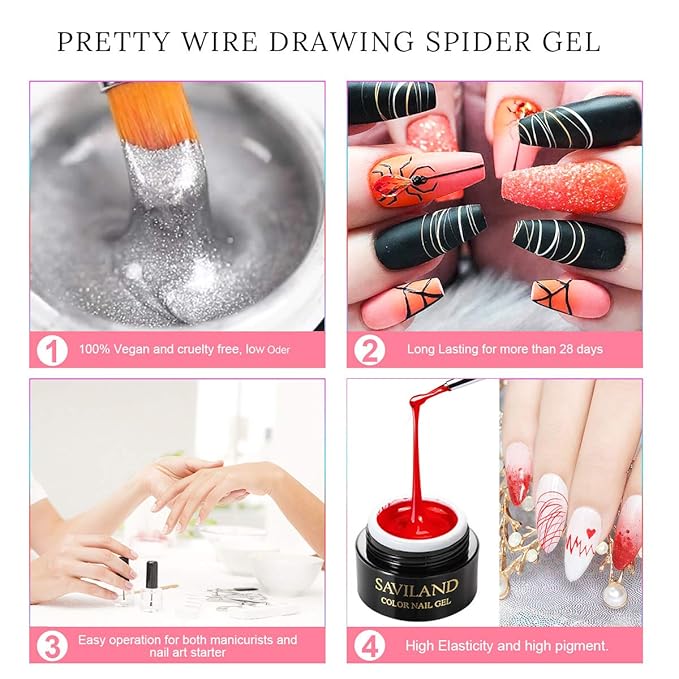 SAVILAND 6 Colors Spider Gel, New Upgraded Matrices Spider Gel with Nail Art Brushes, Nail Designs Paint Wire Drawing Gels Polish for Line (White Black Red Blue Gold Silver)