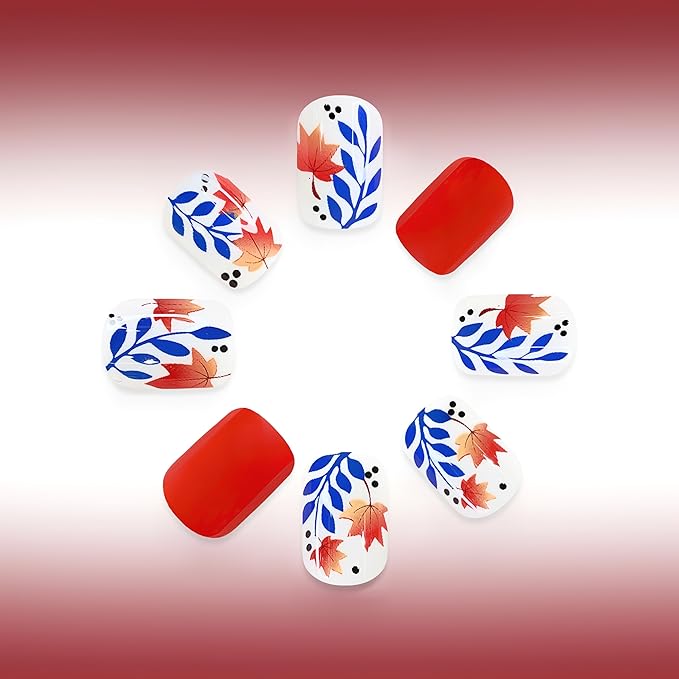 24Pcs Fall Red Press on Nails Short Square Fake Nails with Maple Leaf Design Autumn False Nails Thanksgiving Glue on Nails Blue Leaf Polka Dot Full Cover Artificial Nail for Women Holiday Manicure