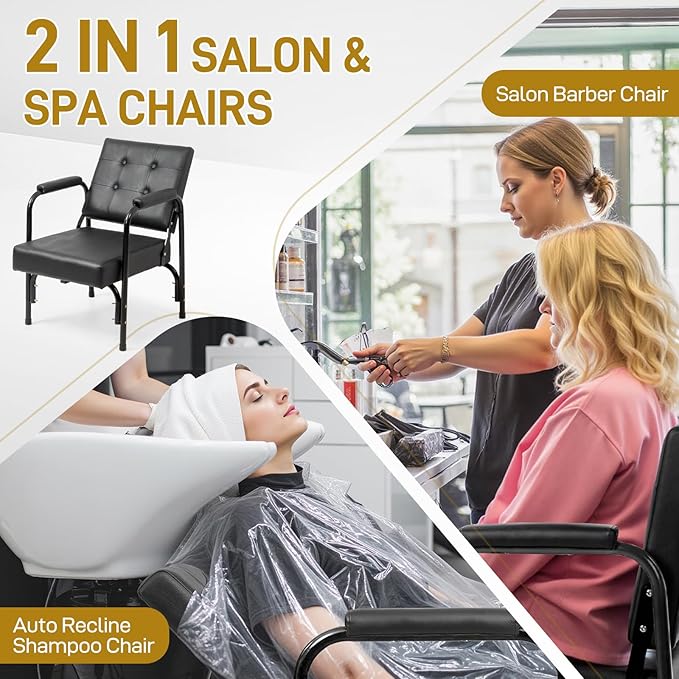 Winado Auto Recline Shampoo Chair, Portable Salon Barber Chair with Tilted Backrest, Heavy Duty Spa Beauty Equipment for Hair Stylists, Tattoo Artists, Cosmetologists, Black