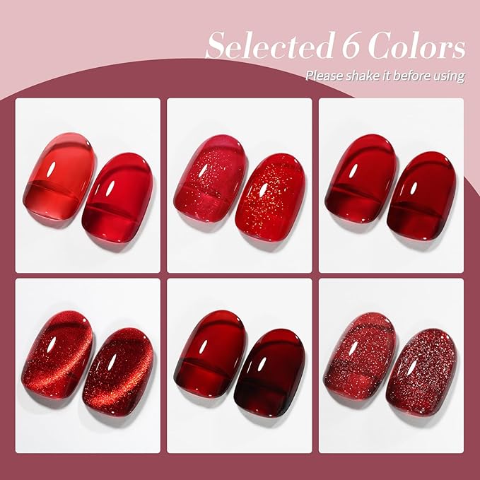 Born Pretty Jelly Red Burgundy Gel Nail Polish Christmas Ruby Blood Red Glitter Cat Magnetic Eye Gel Nail Polish Cherry Wine Gel Polish Collection Soak Off U v Led Gel Nail Kit Minicure DIY Gift 6PCS