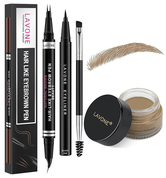 LAVONE Hair-Like Eyebrow Pen Makeup kit, Eyebrow Pencils for Women with Waterproof Microblading Eyebrow Pencil, Eyebrow Pomade, Eyeliner and Eyebrow Brush, Create Full, Natural Brows,Taupe