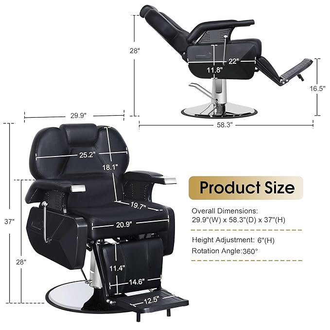 BarberPub Heavy Duty Reclining Barber Chair, All Purpose Hydraulic Salon Chairs for Hair Stylist, Barbershop Salon Tattoo 2688 (Black)