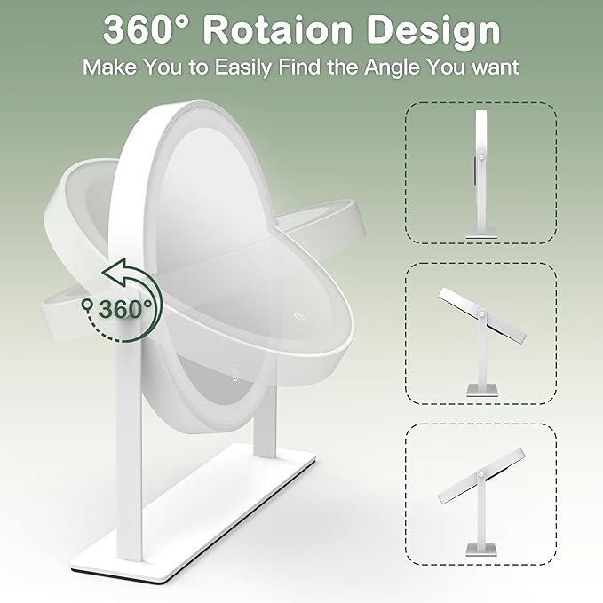 10"x10" Lighted Makeup Mirror, Vanity Mirror with Lights, Dimmable Touch Screen, Light up Mirror, Portable Travel Mirror, Cosmetic Mirror for Makeup Desk, 360° Rotation, White