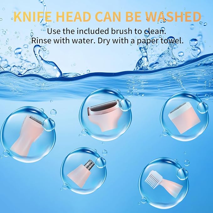 Electric Razors for Women, 5 in 1 Painless Ladies Wet & Dry Body Razors and Facial Hair Remover, Rechargeble Facial and Body Hair Remover for Face Nose Eyebrow Arms Armpit Legs Pubic Area (Pink)