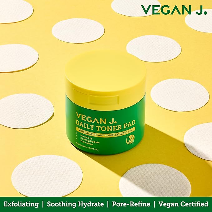 Vegan J Daily Toner Pads | Exfoliating, Hydrating, Moisturizing | Vegan K-Beauty | Oasis-Plant Complex 53,000ppm | Pore Refining & Skin Soothing | 100% Cotton (60 Pads)