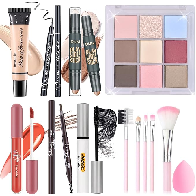 Makeup Set Kit for Women Girls Teens, Makeup Present Set, Includes 9 Color Eyeshadow, Counter Stick, Foundation, Eyebrow Pencil, Eyeliner, Mascara, Lip Gloss, 5Pcs Brushes, Sponge