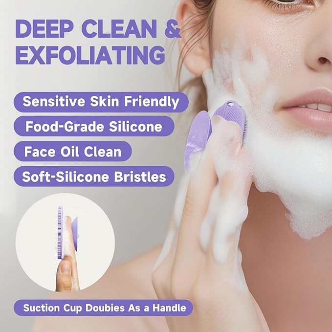 2 PCS Face Scrubber, Soft Silicone Face Exfoliator with Suction Cup for Man and Women Deep Skin Clean, Gentle Facial Cleaning Brush Suitable for All Sensitive Skin (Purple)