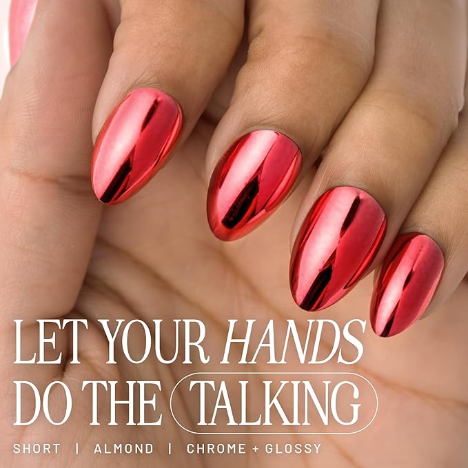 Lilac St - Press on Nails, Cherry Plated (30 Nails, 15 Sizes) - Short, Almond, Chrome + Glossy, Opaque - Brush-On Nail Glue, Nail File, Cuticle Stick, Prep Pad - Reusable - Cruelty Free, Vegan