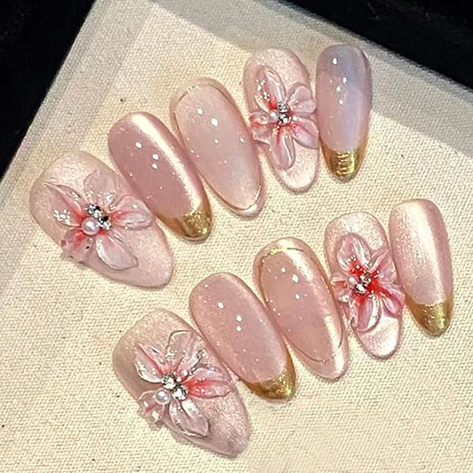 Handmade Press on Nails Medium Almond Fake Nails Gold French Tip False Nails with 3D Flower Design Silver Rhinestones Stick on Nails Pink Artificial Nail Full Cover Glue on Nails for Women DIY 10Pcs