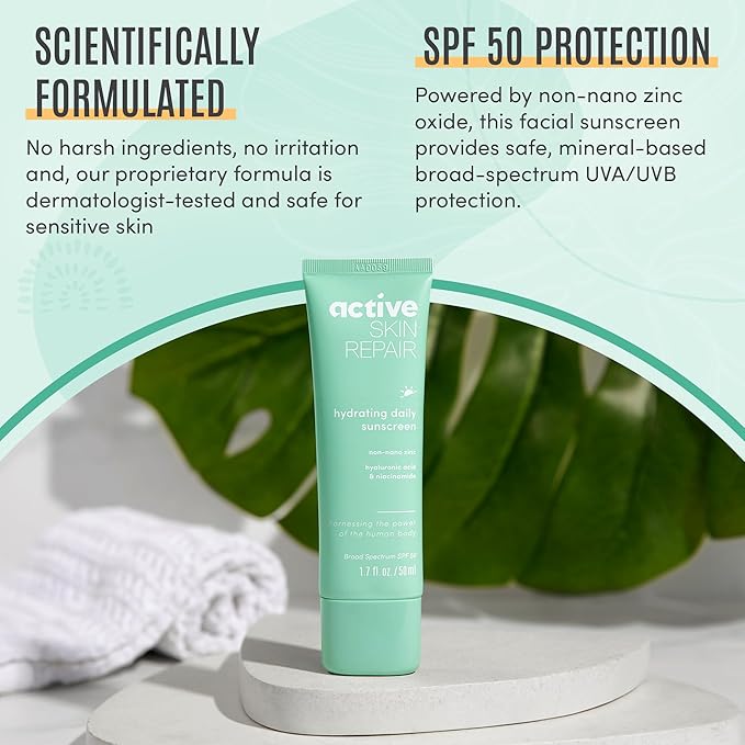 Active Skin Repair SPF 50 Hydrating Daily Sunscreen and Face Moisturizer, Non-Nano Zinc, Non-Toxic Broad Spectrum Protection Hydrating Mineral Facial Sunscreen, 1.7 fl. oz.