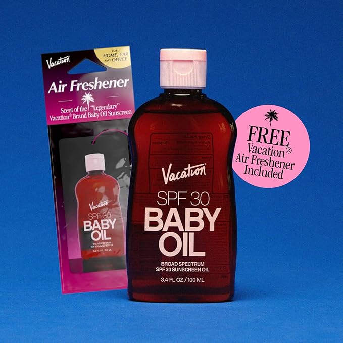 Vacation Baby Oil SPF 30 + Air Freshener Bundle, Broad Spectrum SPF 30 Sunscreen Oil, Vegan Suntan Oil with Broad Spectrum SPF, Sunscreen Tanning Oil, TSA Friendly, Travel Size, 3.4 fl. oz.