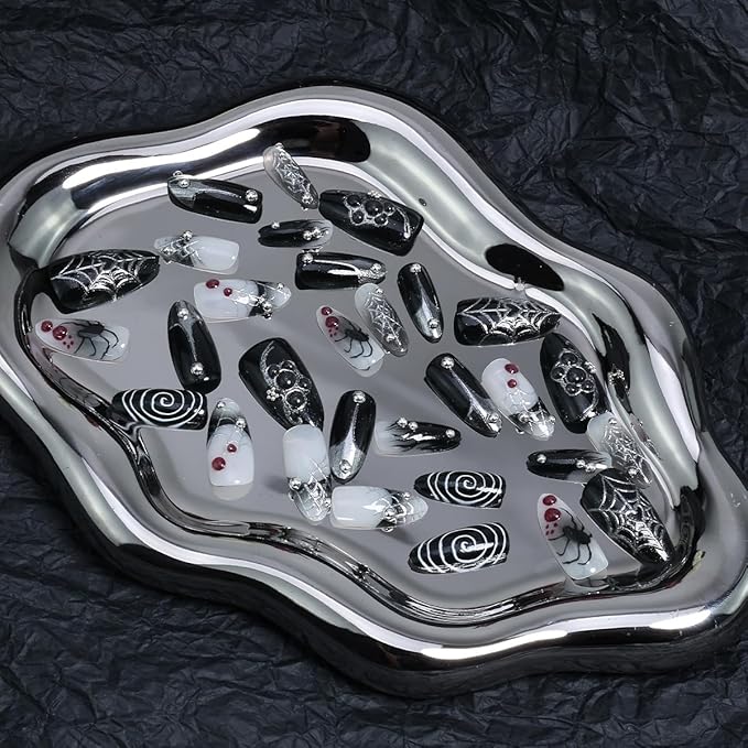 30Pcs Halloween Y2k Press on Nails Medium Almond French Tip Fake Nails Spider Web False Nails with Silvering 3D Gems Design Black Full Cover Artificial Glue on Nails Gothic Stick on Nail for Women