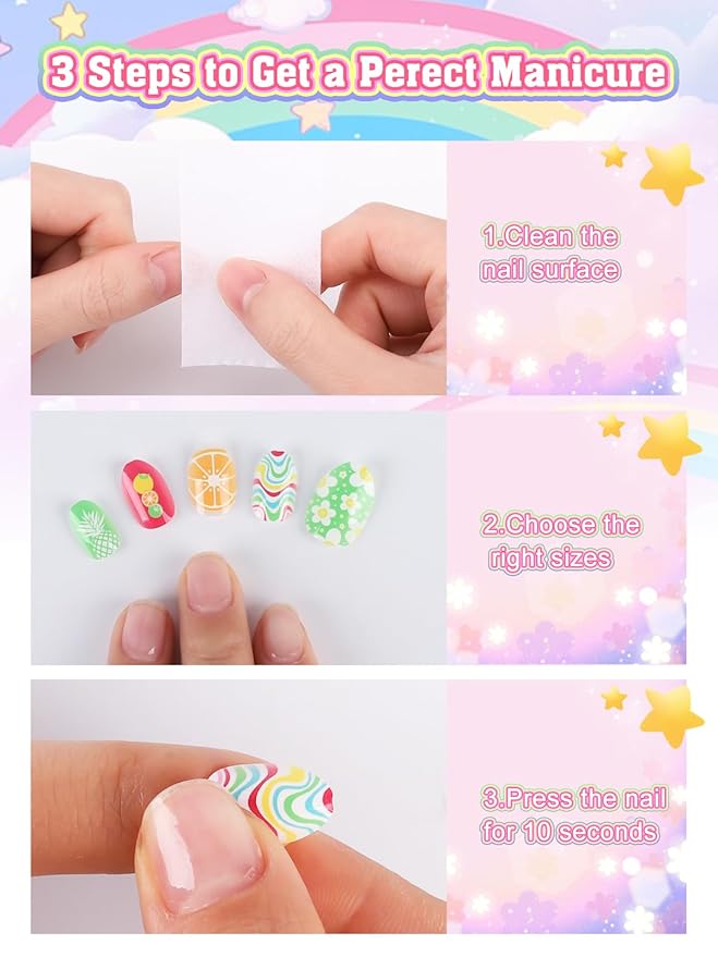 72 Pieces Press on Nails for Kids, EBANKU 3 Pack Kid Fake Nail Kit Lemon Star Press on Nails for Girls 7-12 Years with Jelly Nail Adhesives