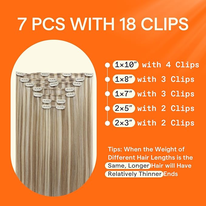 Full Shine Clip on Hair Extensions Blonde Highlights Human Hair Clip in Extensions 16 Inch Dark Blonde Mix Light Blonde Hair Extensions Human Hair 120 G 7 Pcs