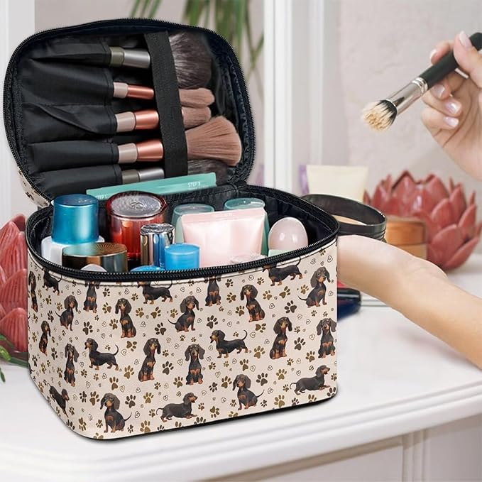 Dachshund Dog & Paws Print Travel Makeup Bags for Women Portable Tote Cosmetic Case with Carry Handle Toiletry Accessories Storage Organizer Bags, Beige