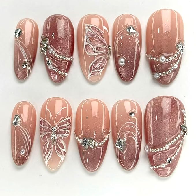 30pcs Medium Almond Handmade Press on Nails Fake Nails with 3D Butterfly Line Rhinestone Design Gothic Punk False Nail Y2k Press On Sparkling Diamond Pearl Full Cover Stick on Nails for Women