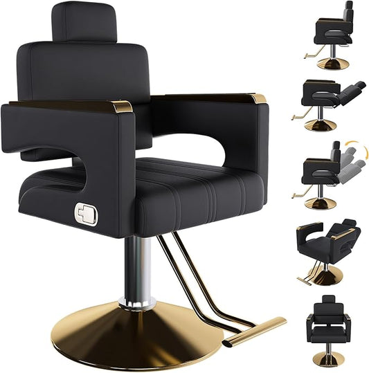 Barber Salon Chair, 360° Rolling Swivel Styling Hair Chair with Adjustable Height, Heavy Duty Hydraulic Pump & Reclining Backrest for Salon & Barber Shop(Black + Gold)