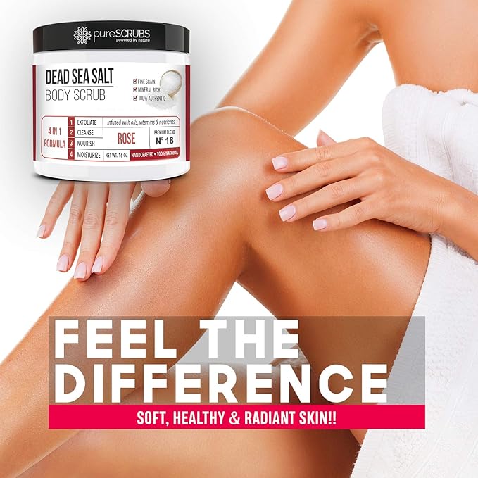 pureSCRUBS Premium Rose Body Scrub Set - Large 16oz Dead Sea Salt Body Scrub With Infused Essential Oils & Nutrients, Includes Wooden Spoon, Loofah & Oatmeal Exfoliating Bar Soap