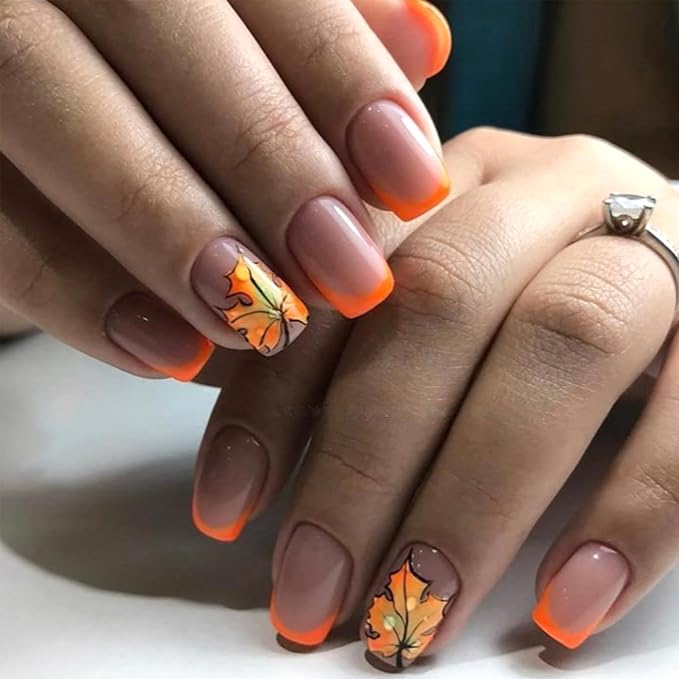 Maple Leaf Press on Nails Glossy Orange French Tip Fake Nails Thanksgiving Medium Square Glue on Nails Fall Maples Acrylic False Nail Autumn Leaves Stick on Fingernails for Women 24Pcs