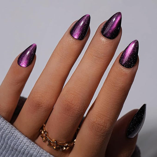 KQueenest Cat Eye Press On Nails Short Almond, Acrylic Press On Nails with Glue, Sparkle Purple Black Fake Nails Stiletto, Soft Gel Glue On Nails for Woman, Long-Lasting Glitter Effect, 30 Pcs