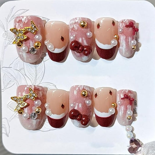 10Pcs Red French Tip Press on Nails Short Christmas Fake Nails 3D Gold Butterfly Gems Cute Acrylic Nail Pearl Bow Rhinestones Design Winter False Nail Handmade Glue on Nails for Christmas Manicure