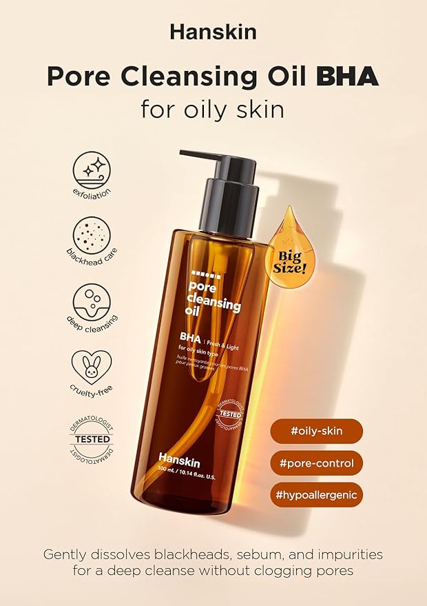 Hanskin BHA Pore Cleansing Oil, Gentle Blackhead Cleanser and Makeup Remover for Combination and Oily Skin, Korean Skincare [BHA/10.14 oz]