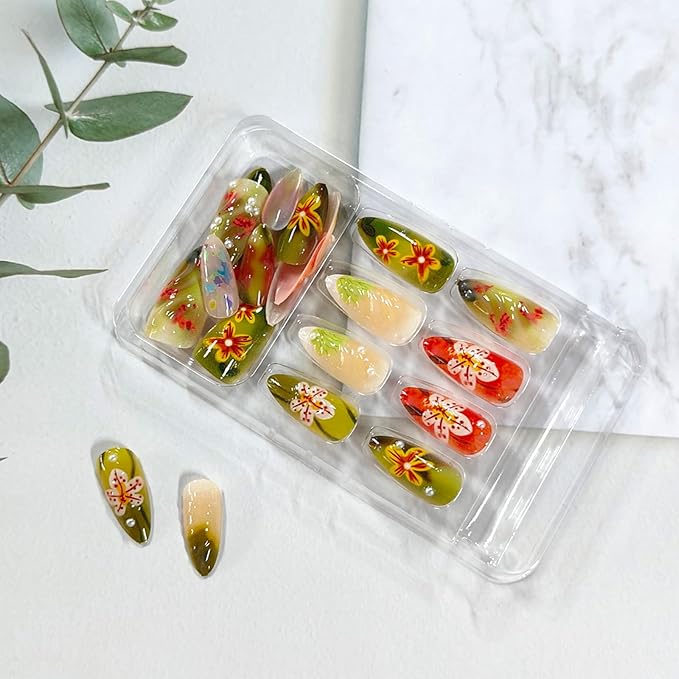 24Pcs Medium Press on Nails Almond Fake Nails Summer Flower Acrylic False Nails with Peals Design Glossy Red Green Glue on Nail Cute Floral Leaf Handmade Nails for Women