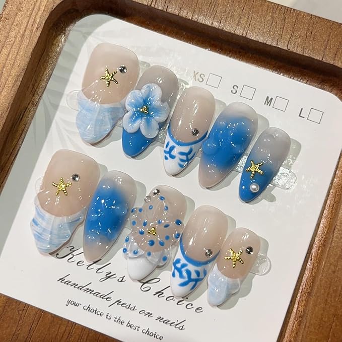 10Pcs Blue Flower Press on Nails Medium Almond Handmade Fake Nails 3D Flower with Gold Starfish Summer Press Ons Designs Stick on Nails French Tip False Nails for Acrylic Manicure Decorations Tips