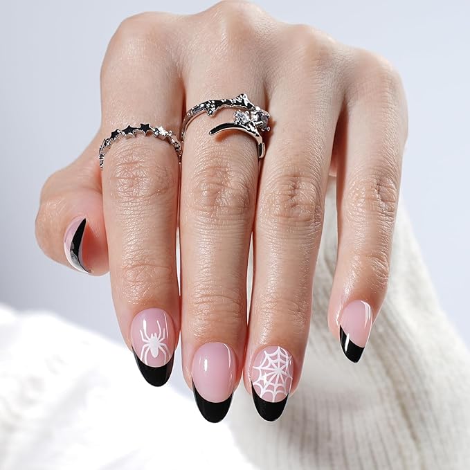 Spider Press On Nails Short Almond Spider Fake Nails with Spider Design, Black French Tip Press On Nails Reusable Stick On Nails in 16 Sizes, 32pcs False Nail Kit for Women & Girls
