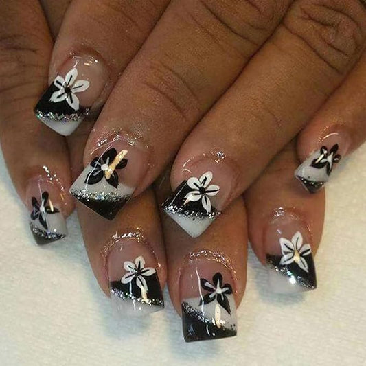 24Pcs French Tip Press on Nails Short Square Fake Nails with Black White Design Flower False Nails Full Cover Artificial Glue on Nails Nude Stick on Nails Spring Summer Nail Supplies for Women Tips