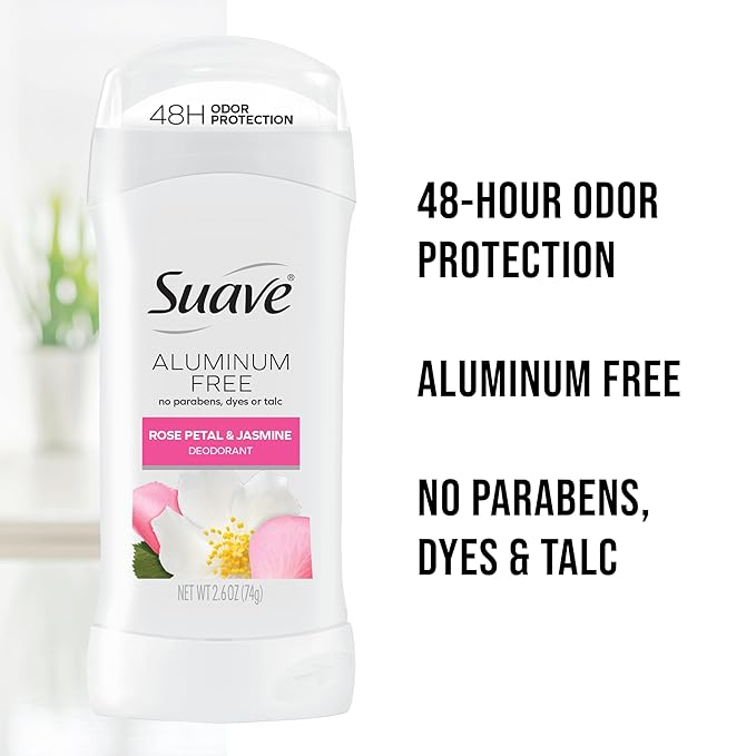 Suave Aluminum Free Deodorant for Women, Rose Petal and Jasmine, 48-Hour Odor Protection, Free of Talc, Parabens & Dyes 2.6 oz (Pack of 12)