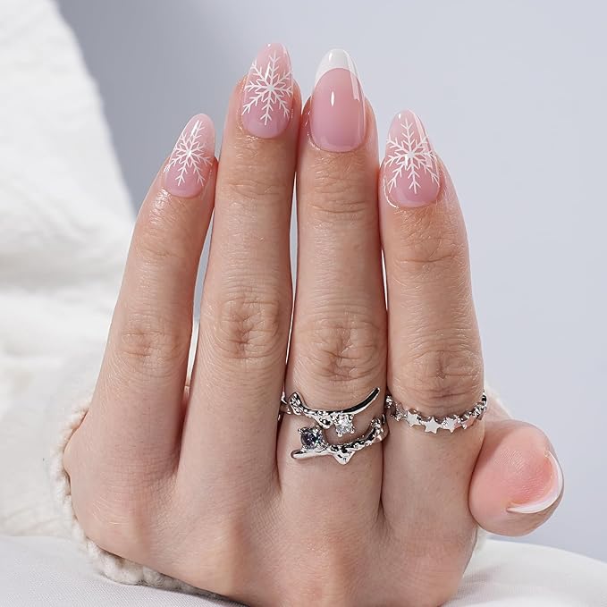French Tip Press On Nails - Snowveil Short Almond Snowflake Nails with French Tips, Winter Press On Nails Reusable Stick On Nails in 16 Sizes, 32pcs False Nail Kit for Women & Girls