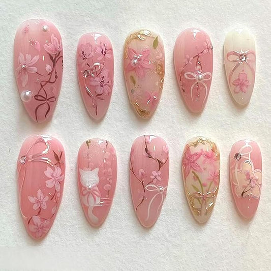 24pcs Flower Press on Nails Medium Almond Fake Nails Peach Blossom Press on 3D Pearl Bow False Nails Cute Cat Stick on Nails Full Cover Artificial Nail Acrylic Fingernails for Women Manicure
