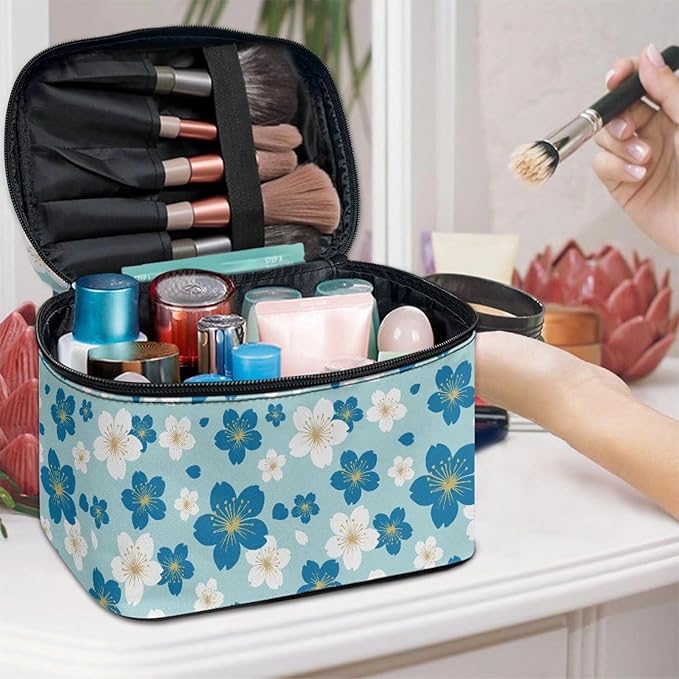 Blue White Cherry Blossom Pattern Travel Makeup Bags for Women Portable Tote Cosmetic Case with Carry Handle Daisy Floral Toiletry Accessories Storage Organizer Bags