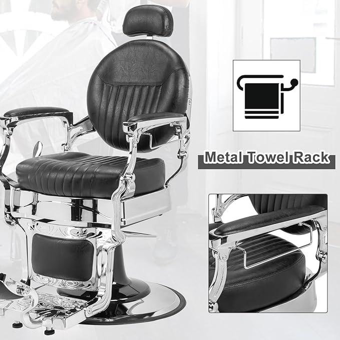 Winado Heavy Duty Vintage Recline Barber Chair Hydraulic with Headrest, Supports up to 550lbs & 360°Rotatable, Professional Salon Beauty Spa Shampoo Equipment (Thickened Cushion)