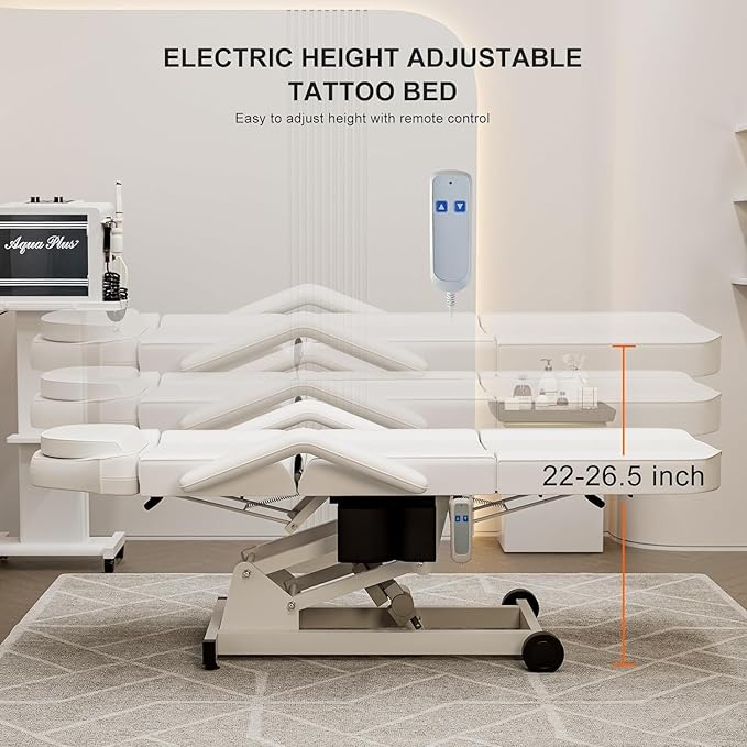 Icoget Electric Tattoo Chairs, Esthetician Facial Bed and Stool, Spa Massage Table for Beauty Microblading, Wax, Lash Chair for Eyelash, White