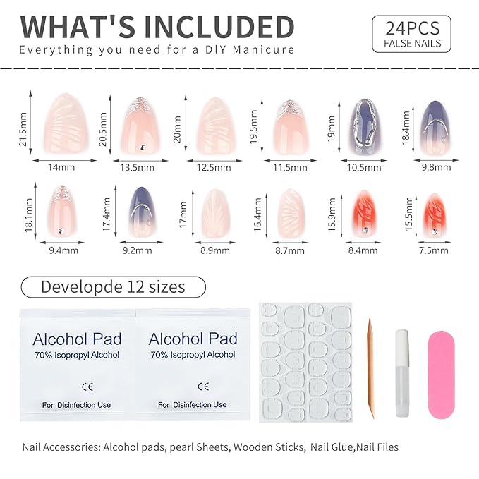3D Nude Almond Press on Nail Short Fake Nails with Silver French Tip False Nails, 3D Silver Lines Design Artificial Acrylic Nail Press ons Reusable Almond Nail Glue on Nails for Women