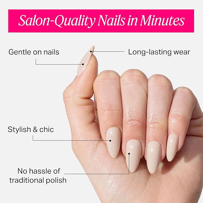 Nailboo Press On Nails, Salon-Quality Reusable Fake Nails for Fast DIY Manicure with Strong Hold Nail Glue for Press Ons, Nail File, & Alcohol Prep Pads, Nude Attitude