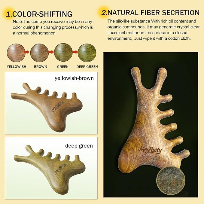 MoyRetty Green Sandalwood Gua Sha Facial Tool(4-in-1), Natural Wooden Face & Body GuashaMassager, Lymphatic Drainage Massage Comb with Storage Pouch, Jawline Shaper