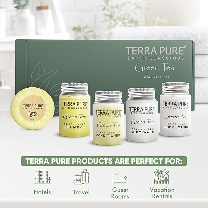 Terra Pure Green Tea Amenity Kit | Boxed Hotel Bulk Toiletries | 1 oz Shampoo, Conditioner, Lotion, Body Wash, Body Bar Soap for Guest Hospitality Vacation Rentals | 15 Sets/Case