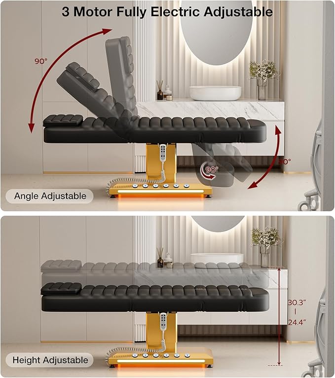Paddie Professional Fully Electric Spa Chair, 3 Motor Esthetician Spa Bed with LED Light, Motorized Height & Angle Adjustable for Facial & Medical, 550lbs Capacity, Black