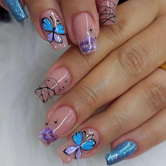 Spring Press on Nails Short Coffin Fake Nails with Butterfly Designs Blue Glitter Nails Press ons Glossy Glue on Nails Nude Acrylic Nails Cute False Nails Summer Stick on Nails for Women 24Pcs
