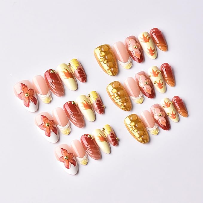 30Pcs Handmade Press on Nails with 3D Flower Stripes Design Fall Maple Leaf Fake Nails Medium Almond French Nails Thanksgiving False Nail Gold Beads Artificial Nail Manicure Kit for Women