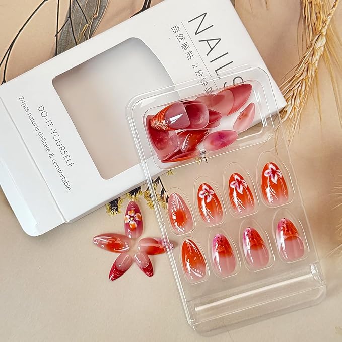 24Pcs Red Flower Press on Nails Medium Almond French Tip Fake Nails with 3D Gilding Rhinestones Design Spring Summer False Nails Full Cover Artificial Glue on Nails Handmade Stick on Nail for Women