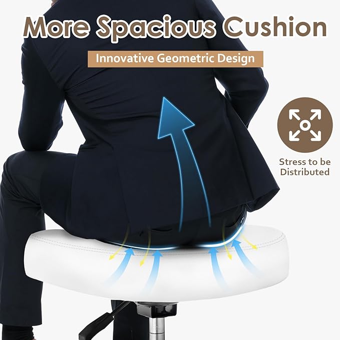 Rolling Stool Wider Rectangular Cushion-Provides a Comfortable, Stable Support Surface with Loop Footrest for Leg Support,Adjustable Stool with Wheels for Salon Tattoo Massage Office Home (White)