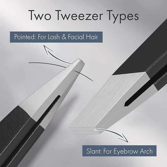 Tweezers for Women Facial Hair, Slant & Point Tip 2 Pack Eyebrow Tweezers for Men, Professional Tweezer Set Stainless Steel Precision Tweezers for Eyebrows, Splinter, Ingrown Hair Removal