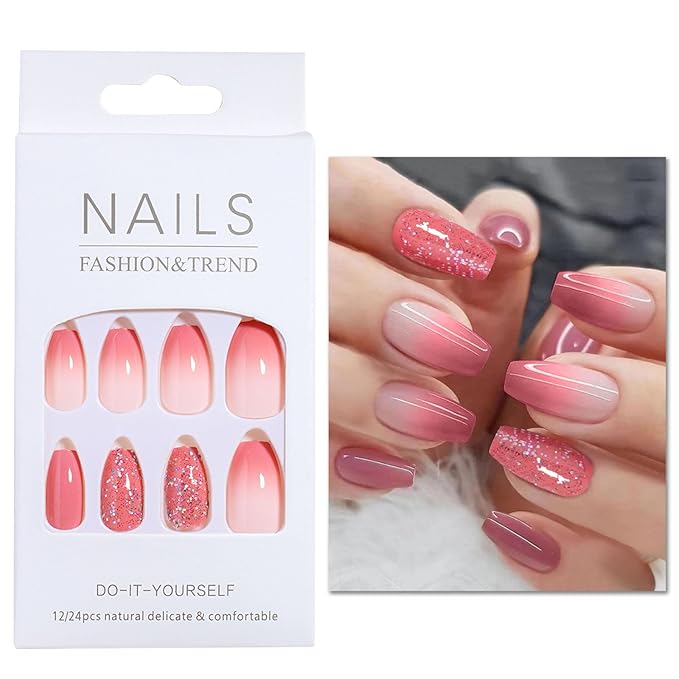 Red Gradient Acrylic Press on Nails Short Coffin False Nails with Glitter Sequins Designs Red Full Cover Stick on Nails Artificial Short Ballerina Fake Nails for Girls & Women 24 Pcs