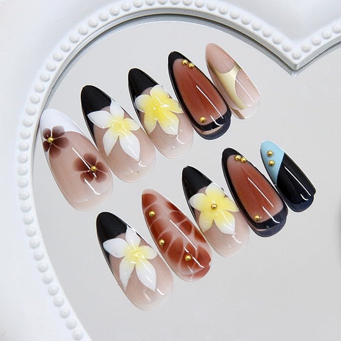 Fall Press on Nails Short Almond French Tip Fake Nails with 3D Flowers Design Glossy Brown Gradient Acrylic False Nails Gold Beads Stick on Fingernails Star Glue on Nail for Women 24Pcs